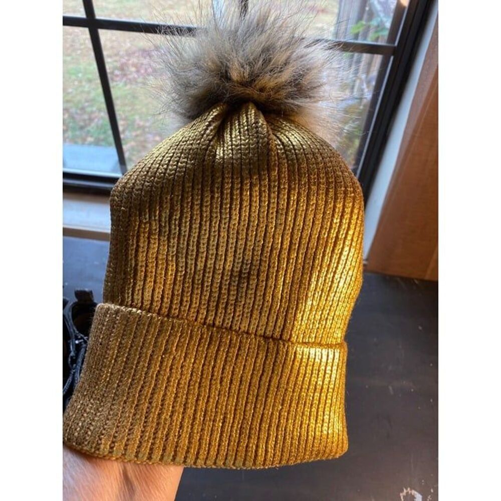 Gold Ribbed Beanie With Faux Fur Pom-Pom Made From Recycled Materials One Size